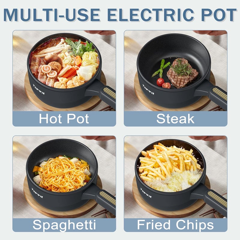 TopWit Hot Pot Electric with Steamer, 2L Multifunctional Electric Cooker, Non-Stick Sauté Pan, Portable Pot for Steak, Fried Rice, Ramen, Soup with Dual Power Control (Spatula Not Included), Grey - Image 4